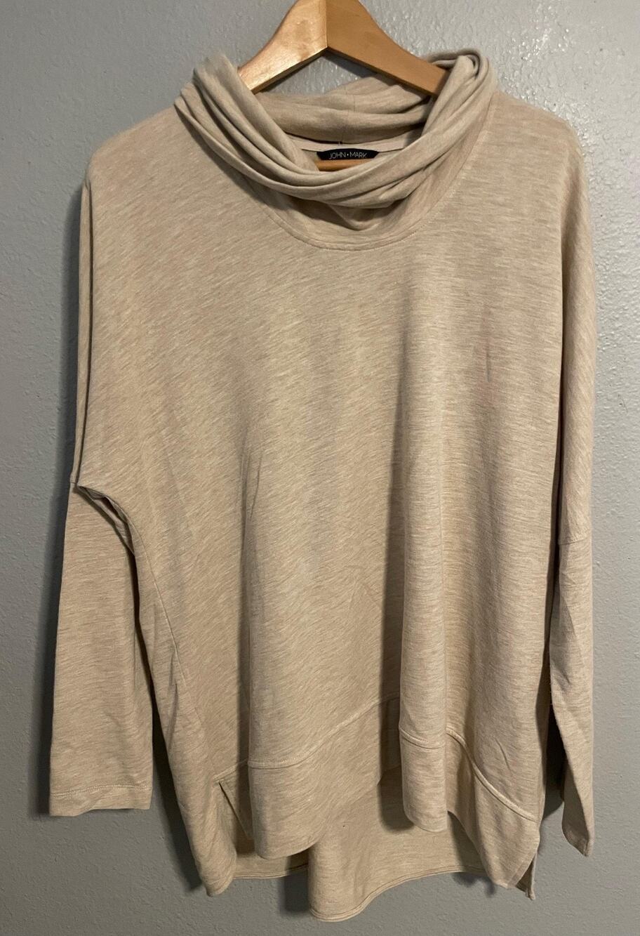 John Mark Womens Tunic Large Beige Cowl Neck Long Sleeve Soft Stretch Neutral